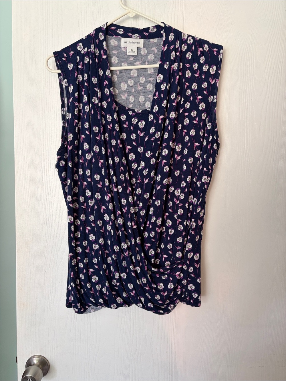 Liz Claiborne Navy Floral Draped Sleeveless Tank